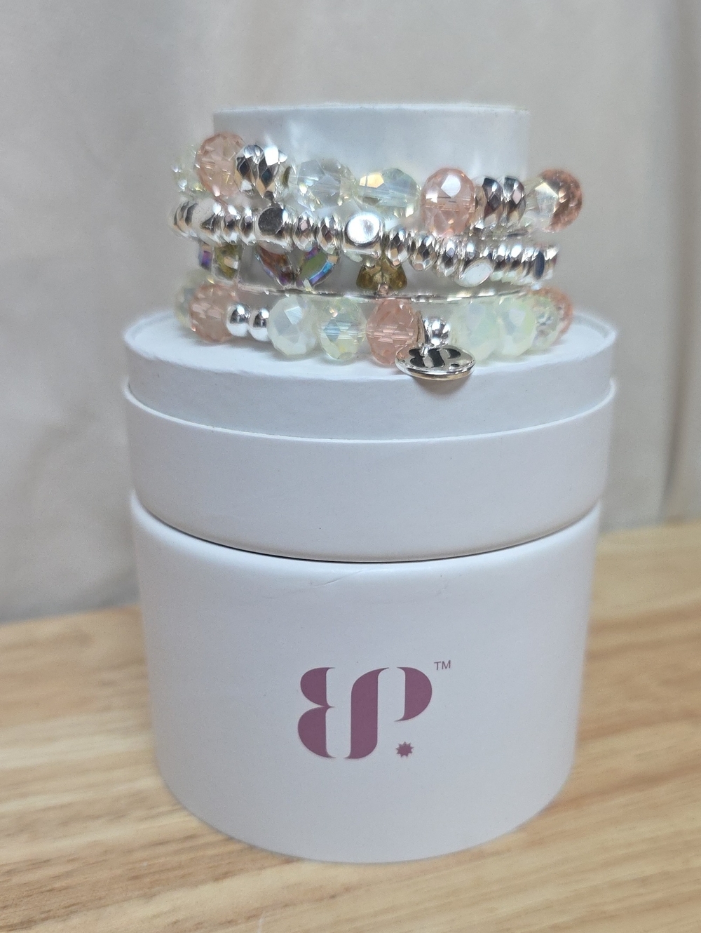 If You Can Imagine ItStacked Beaded Bracelet Set Peach Opalescent Silver Plating